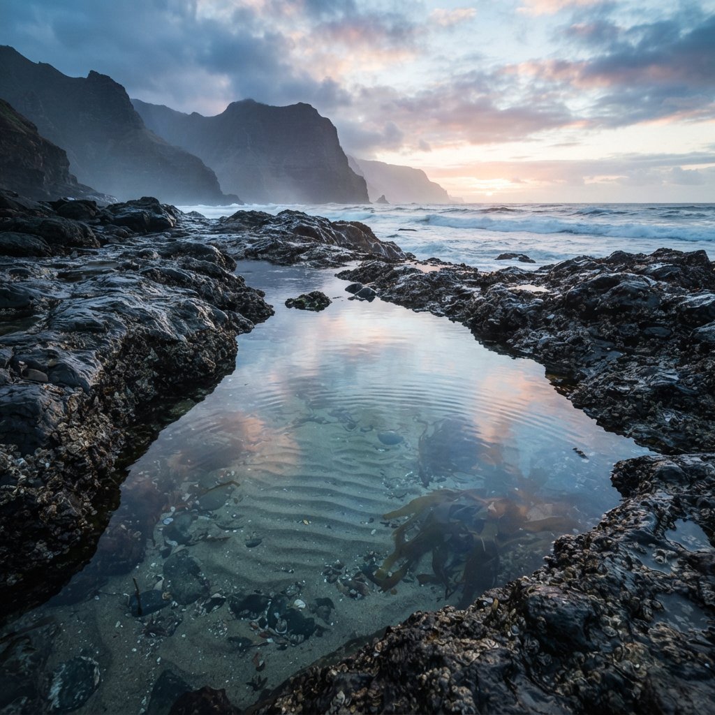 At dawn on a rugged basalt shore, a tide pool mirrors clearing rain clouds; translucent water reveals rippled sand, barnacle-crusted rock, and blurred kelp below the surface, with slick foreground stone leading toward hazy coastal cliffs. — Nano Banana 2 Lite