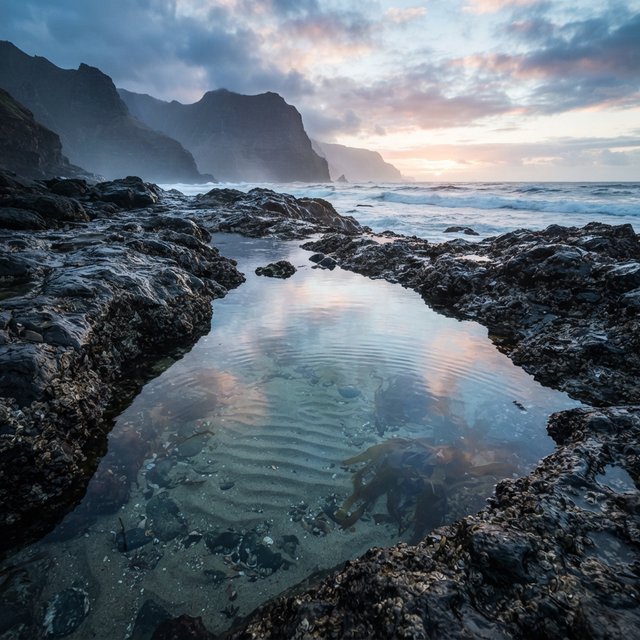 At dawn on a rugged basalt shore, a tide pool mirrors clearing rain clouds; translucent water reveals rippled sand, barnacle-crusted rock, and blurred kelp below the surface, with slick foreground stone leading toward hazy coastal cliffs. — Nano Banana 2 Lite