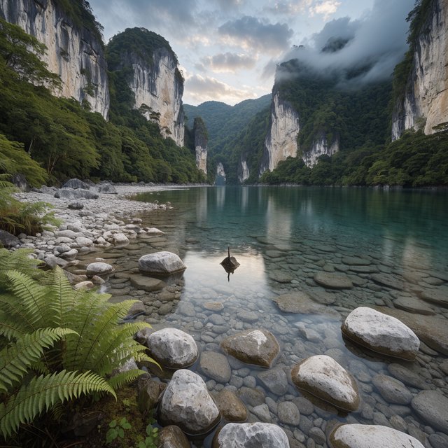 A limestone karst valley at blue hour after a light shower, towering pale cliffs rising above a clear river, low clouds snagging on pinnacles, slick ferns and rounded pebbles leading toward a distant stone arch. — Recraft v4