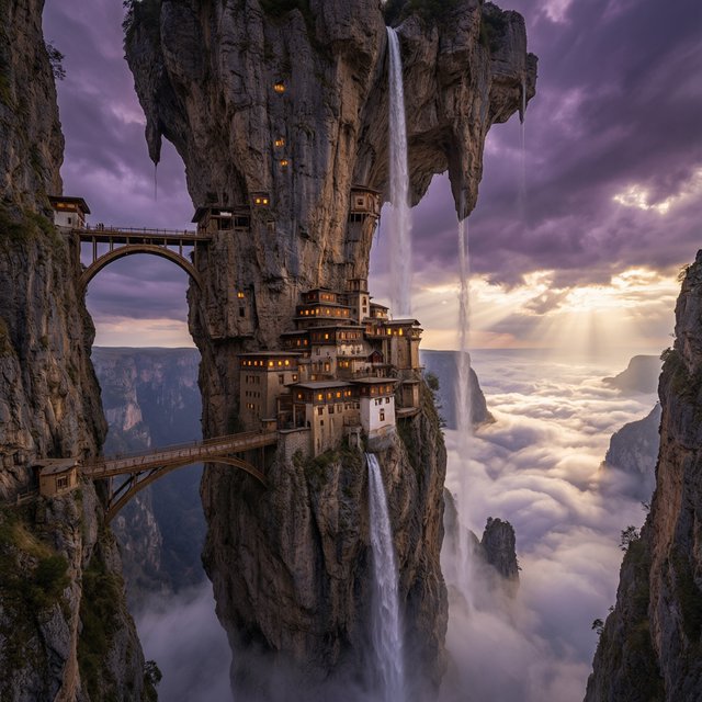 A colossal cliffside monastery hangs beneath a floating island, its waterfalls falling into luminous cloud seas. Bronze bridges connect needle towers, while dawn rays pierce violet storms and tiny windows glow above an endless abyss. — Qwen Image 3.0 Pro