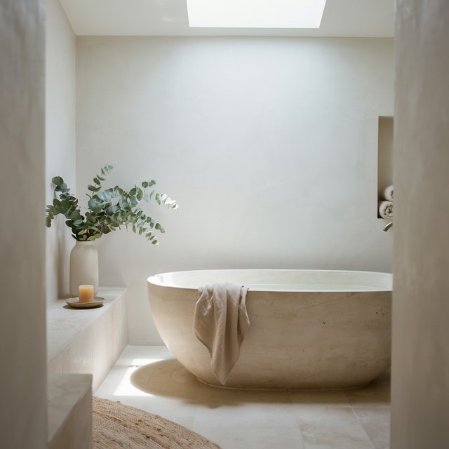 A spa bathroom with a stone tub, a skylight, plaster walls in warm white, eucalyptus in a vase, soft shadows. — Ideogram v4