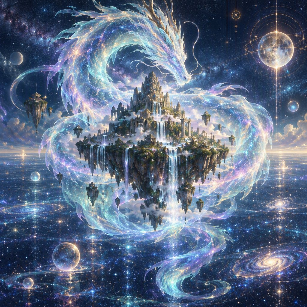 Whispers of mythic power coalesce into a spectral dragon, its form translucent and shimmering with auroral light, coiled around a floating island within a boundless celestial sea. Star-filled oceans stretch to the horizon, dotted with shimmering celestial bodies. The art style blends ethereal fantasy illustration with a subtle nod to ancient mythology, focusing on flowing lines and soft, glowing colors. The atmosphere is one of profound mystery and ancient magic. — GPT Image 2.5 Flare