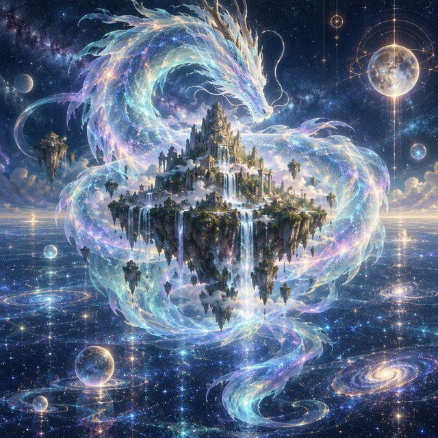 Whispers of mythic power coalesce into a spectral dragon, its form translucent and shimmering with auroral light, coiled around a floating island within a boundless celestial sea. Star-filled oceans stretch to the horizon, dotted with shimmering celestial bodies. The art style blends ethereal fantasy illustration with a subtle nod to ancient mythology, focusing on flowing lines and soft, glowing colors. The atmosphere is one of profound mystery and ancient magic. — GPT Image 2.5 Flare