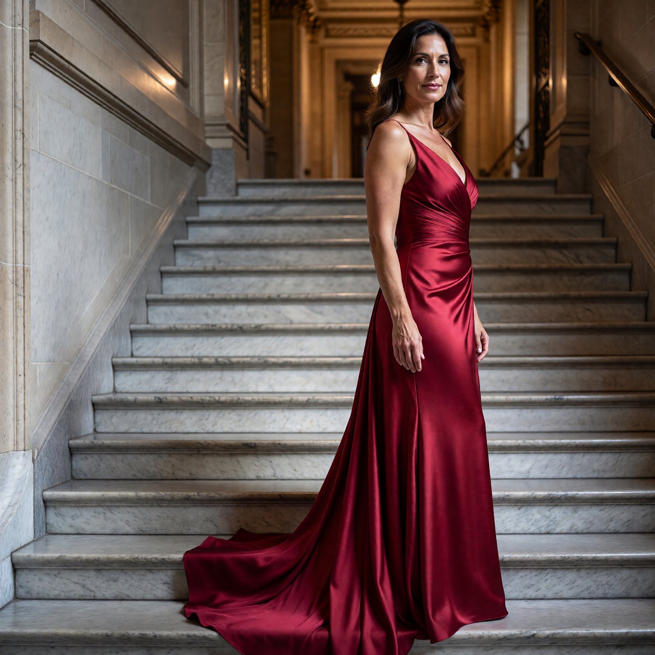 An adult woman in a floor-length red satin evening gown on a marble staircase, soft key light, confident pose, magazine cover style. — ImagineArt 1.5 Pro