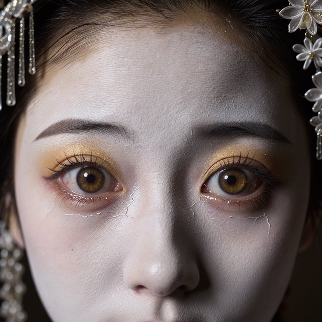 Extreme close-up macro photography of a Geisha's face. The focus is on her eyes, revealing intense emotion and hyper-realistic detail. Her skin is covered in traditional white 'Oshiroi' makeup, showing subtle, realistic cracking and skin texture. Dramatic Chiaroscuro lighting with deep shadows and a single soft light source highlighting the shimmer in her golden eyeshadow and the wetness of her eyes. Ornate kanzashi (hair ornaments) visible in the blurred periphery with intricate silk flowers and dangling silver petals. Cinematic composition, shot on 100mm macro lens, incredibly detailed eyelashes and iris patterns. — Model 1