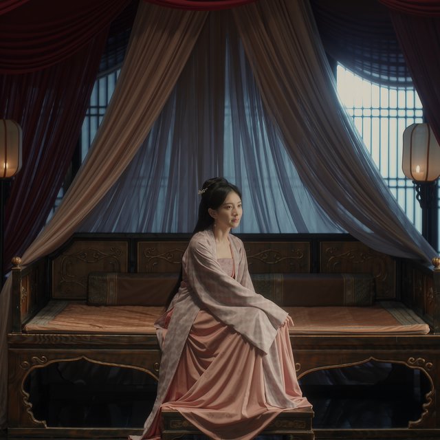 A beautiful adult Chinese woman in her 20s wearing an elegant, subtly sensual Song Dynasty–inspired hanfu with a loose off-shoulder neckline, gracefully exposing her shoulders and collarbones. She sits on an ornate wooden bed inside a refined ancient Chinese bedroom at night, surrounded by gauze curtains, carved screens and softly glowing lanterns. Moonlight filters through the lattice window, creating a romantic, intimate atmosphere. Luxurious silk fabrics, delicate hair ornaments, natural feminine pose, cinematic lighting, historically inspired details, tasteful and sophisticated. — Kling v3 Omni
