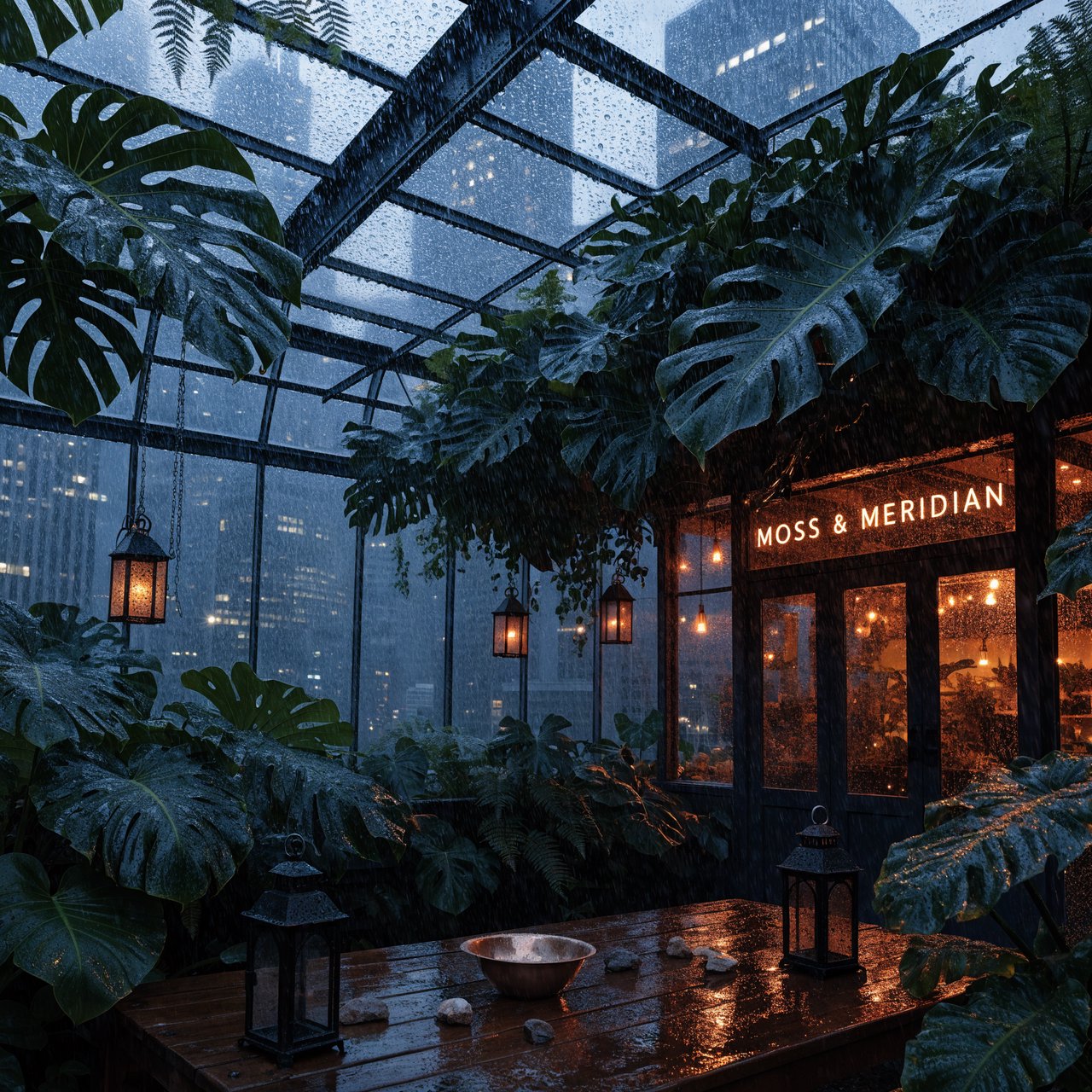 Inside a rooftop greenhouse at blue hour, tropical leaves crowd iron beams above a quiet potting bench; "MOSS & MERIDIAN" glows in warm amber neon along the glass entrance, with rain beads catching the light. — Recraft v4 Pro