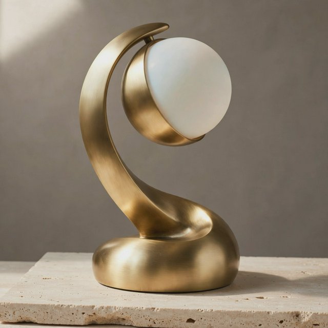Commercial product photograph of an unbranded sculptural desk lamp made from brushed brass and opal glass, resting on pale travertine, against a warm gray background, with soft diffused light from upper left and gentle grounding shadow. — Muse Image 1.0