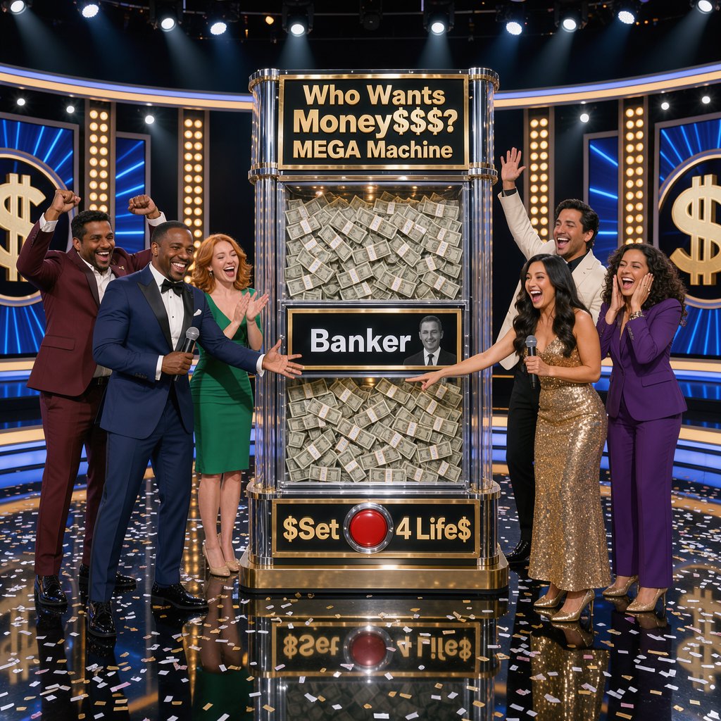 People on the set of a super mega game show called "Who Wants Money$$$?". There are at least six adults (three men and three women), all of different races, looking really excited. There is a big machine with a lot of cash inside. At the top of the machine it says "Who Wants Money$$$? MEGA Machine". In the middle of the machine it says "Banker", with the shadow of a man near the name. At the bottom of the machine it says "$Set 4 Life$", with a red button in the middle of the words. Near the machine are game hosts on both sides of it: a handsome man and a pretty woman. — FLUX 3 Image