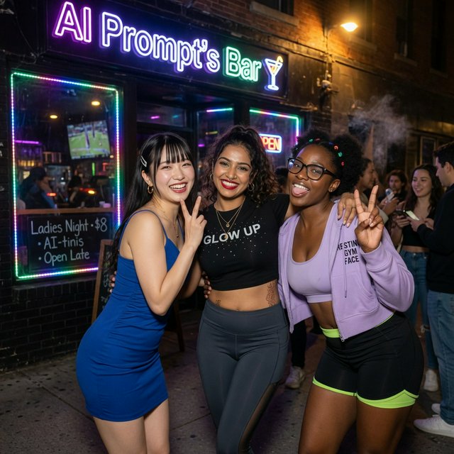 Photorealistic image, late at night. The image shows a pretty 21-year-old Japanese woman wearing a blue dress that fits her body. Next to her is a pretty 24-year-old Indian woman wearing a crop top and leggings that fit her. Another is a pretty Black woman, age 23–27, wearing gym wear and glasses. They are having a group photo in front of a bar called “AI Prompt’s Bar.” The image shows full front, back, and side views of the women. Vibe: busy friends who finally made time to hang out. — Grok Imagine Image Quality