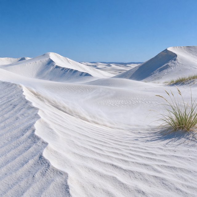 A pale gypsum dune field beneath a wind-brushed, cloudless midday sky, fine sand streaming over steep ridges; delicate ripple patterns and scattered salt-tolerant grasses sharpen the foreground as dunes soften toward a distant basin. — Seedream 5.0 Flash
