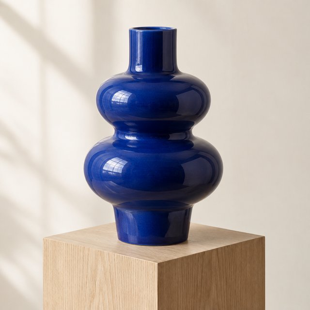 Commercial product photograph of an unbranded sculptural ceramic vase, formed from glossy cobalt porcelain, standing on a pale oak pedestal against a warm ivory background, illuminated by soft directional daylight and subtle fill. — GPT Image 2.5 Sunburst
