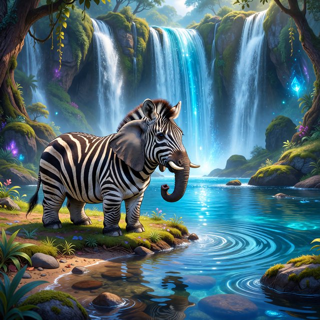 An adorable animal in a cartoon illustration, a cross between an elephant, a zebra, and a mouse. On the shore at the base of a magical waterfall flowing into a crystal-blue pond. Ripples create a wavy reflection in the water. — ImagineArt 1.5 Pro