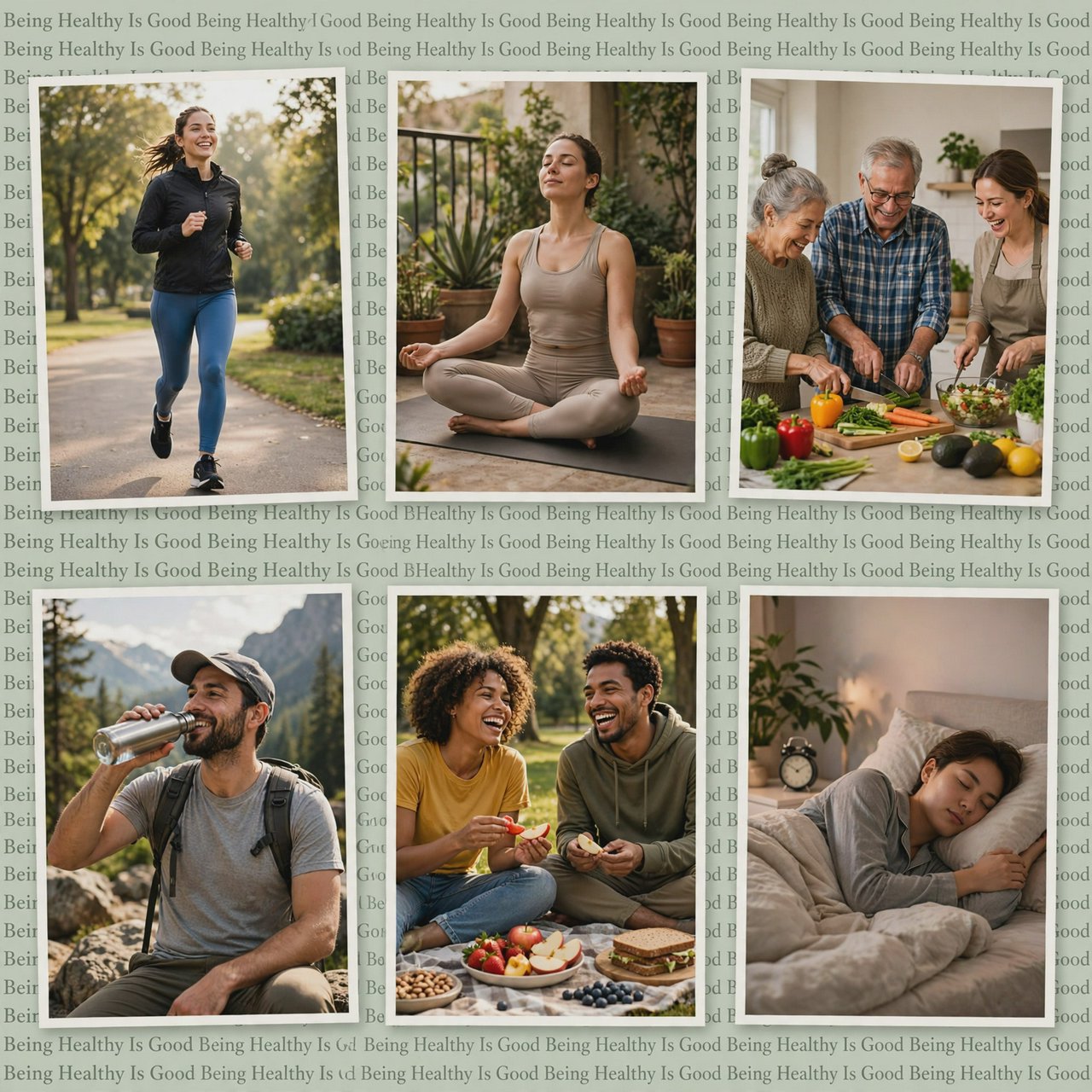 An image relating to good health and happiness. The words “Being Healthy Is Good” appear in the background at least a couple of times. 4–7 moments. — Muse Image 1.0