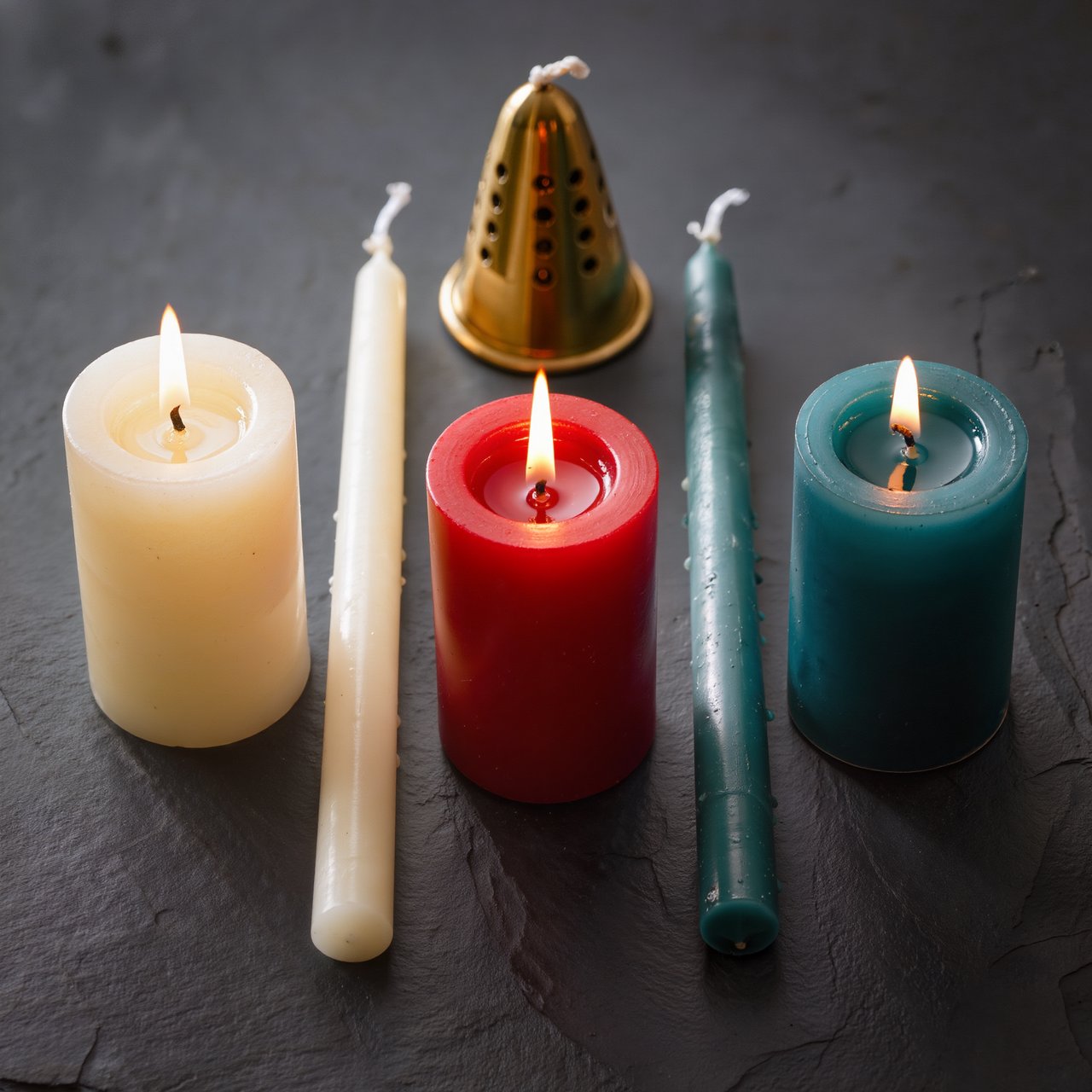 Exactly five candles stand on a dark slate tabletop: two ivory candles on the left, one red candle in the center, and two teal candles on the right. A brass snuffer sits above the red candle, nothing else. — Kling v3