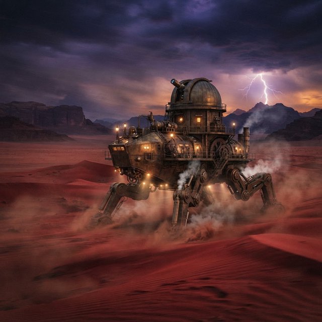 A colossal brass desert crawler carries an observatory dome across red dunes, its articulated legs striding through a sandstorm. Warm lamps glow beneath the hull while distant mesas fade into violet dusk and lightning illuminates the horizon. — Nano Banana 2 Lite