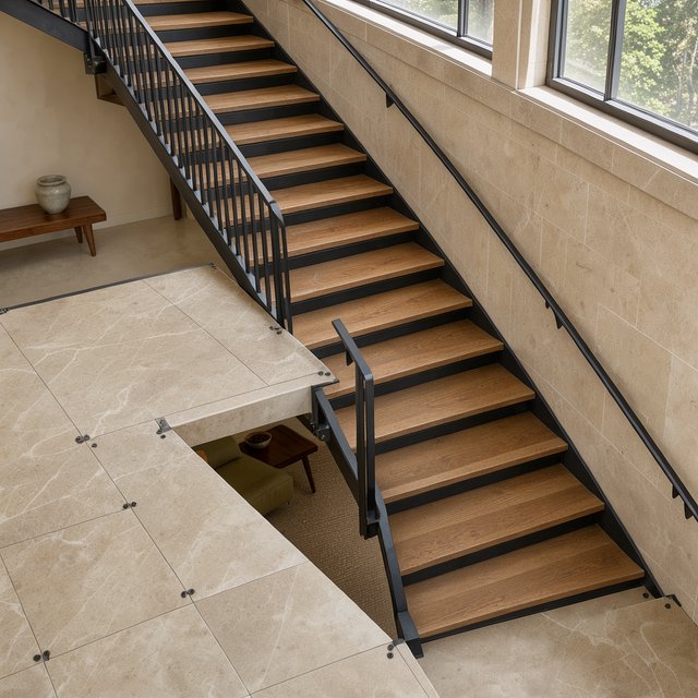 Beneath a pale limestone stairwell, a restrained mid-century modern interior frames a straight oak stair with blackened-steel stringers and limestone landings; afternoon clerestory light, viewed from the upper landing, reveals credible connections and aligned geometry. — FLUX 3 Image Klein