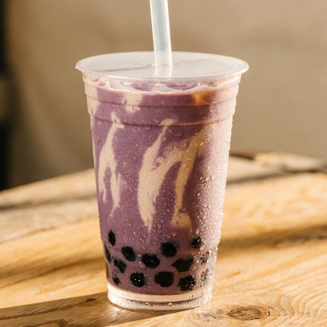 Photorealistic product shot of iced taro bubble tea in a clear frosted plastic cup, condensation beading down curved sides, wide clear straw piercing matte white domed lid. Plump dark brown tapioca pearls settled at the base, swirled creamy purple tea with soft marbled cream streaks, fine ice crystals glinting inside. Resting on weathered light oak table, soft golden hour side lighting casting gentle long shadows, warm neutral beige background. Shallow depth of field, sharp focus on glass texture and pearl details, professional food photography aesthetic, soft moody warm colour palette with rich lavender and caramel tones. — Recraft v4 Pro