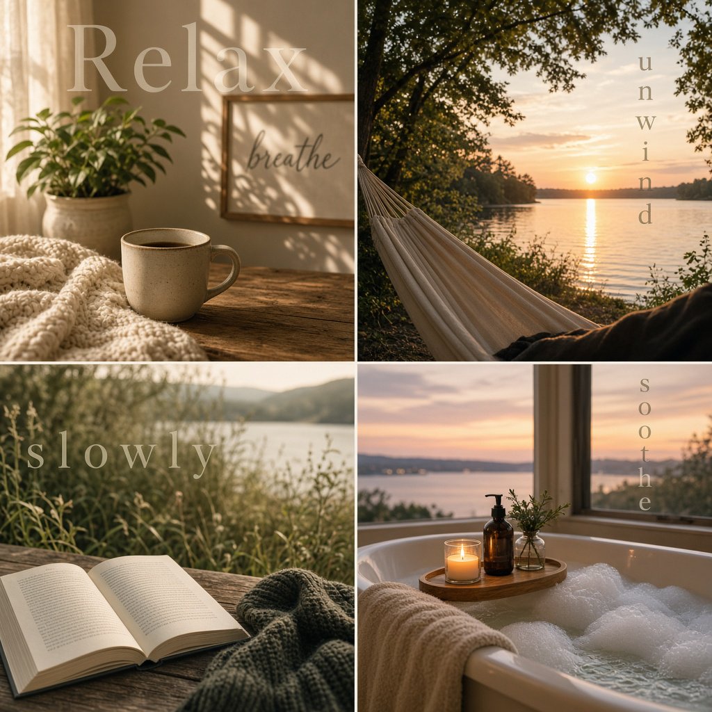 An image representing the word and concept of “Relaxing.” There are at least 4 moments that represent this. The word “Relax” and another word representing it are hidden naturally in the background. — Grok Imagine Image 2