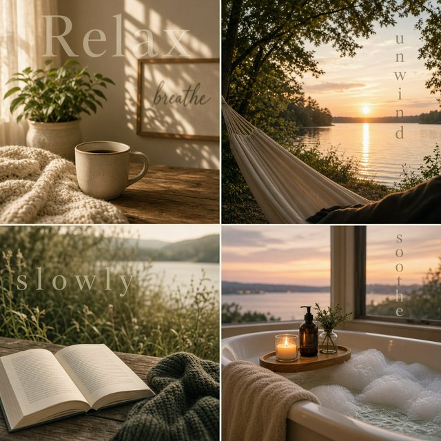 An image representing the word and concept of “Relaxing.” There are at least 4 moments that represent this. The word “Relax” and another word representing it are hidden naturally in the background. — Grok Imagine Image 2