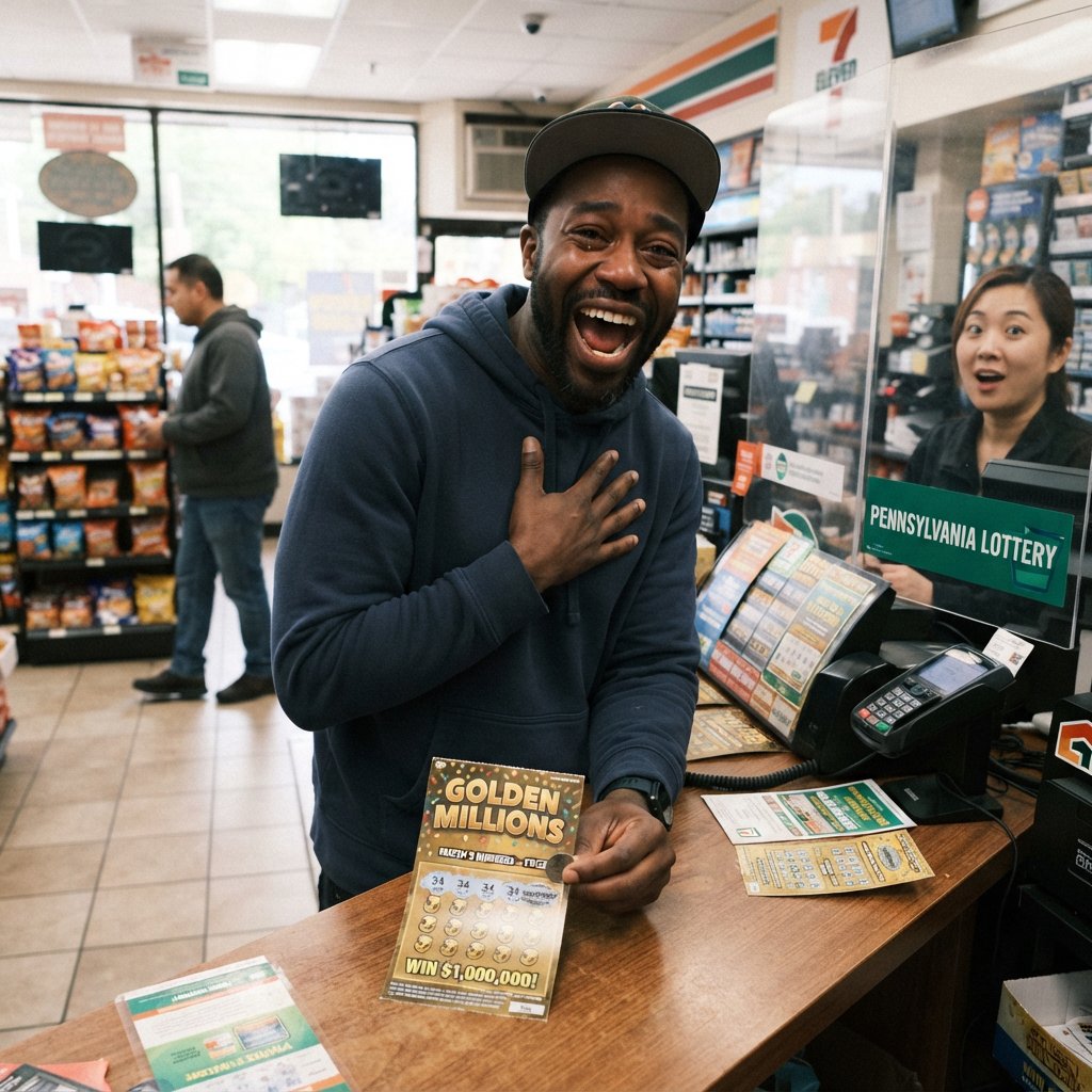 A realistic scene of a random adult person, either Black, white, or Asian, scratching a scratch ticket and discovering that they have won one million dollars. — Nano Banana 2 Lite