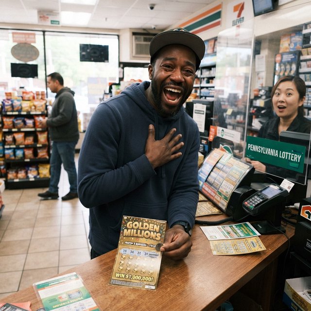 A realistic scene of a random adult person, either Black, white, or Asian, scratching a scratch ticket and discovering that they have won one million dollars. — Nano Banana 2 Lite