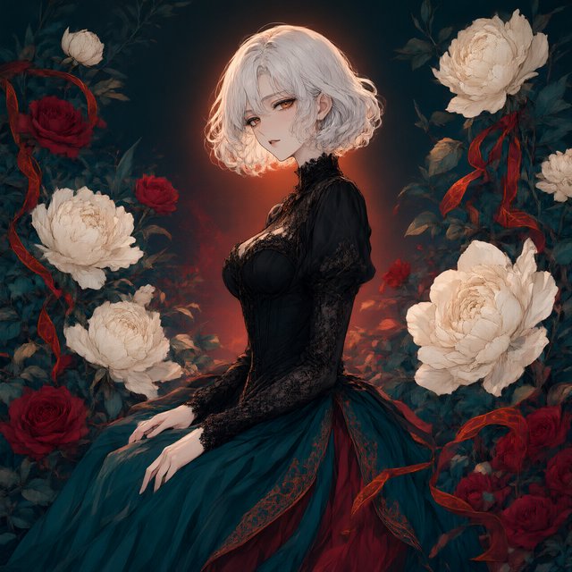 An elegant gothic woman sits sideways among oversized ivory blossoms, crimson roses, and dark teal foliage, turning toward the viewer with half-lidded amber eyes. She has a softly waved silver-white bob and a fitted black gown with lace, embroidered sleeves, and a sculpted corset. Deep-teal skirt folds reveal crimson lining and burnt-orange embroidery. Crimson ribbons with orange edging weave through the flowers, leaving breathing room around her pale face and hands. A deep-teal background fades into charcoal, with muted burnt-orange light behind her head, faint crimson haze below, and botanical shadows. Fine ordered dithering, delicate checkerboard patterns, and clustered pigment grains soften background transitions only; the woman and flowers remain smoothly painted. Crimson, deep teal, glowing orange, lacquer black, and warm ivory palette. Soft frontal fill, luminous hair, readable black fabric, subtle orange rim light, refined gothic anime, precise linework, dramatic floral framing — Qwen Image 3.0