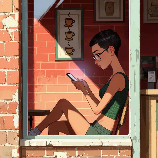 SUBJECT: Side view of a young woman seated at a cafe table, beautiful legs crossed, reading her phone. CHARACTER: 25-year-old woman with an extremely short black pixie cut, all hair under one inch. Stylish glasses, tight dark green ribbed tank top, bare midriff, shorts, comfortable shoes. SETTING: Trendy urban cafe, red brick walls decorated with framed sketches of coffee mugs. STYLE: Stylized semi-realistic digital painting, animation-inspired characters and environments. Expressive faces, large eyes, strong brows, simplified anatomy, convincing 3D volume and depth. Painterly shape-based rendering, minimal outlines, soft blended shading, broad angular brushstrokes. Luminous colors, warm undertones, restrained highlights. Hair and textures rendered in sculpted masses with selective fine detail. Muted charcoal and earthy palette, soft directional light, cohesive shadows, atmospheric depth. Detailed eyes and lips, simplified backgrounds, loose edges, unfinished brushwork. — Model 9