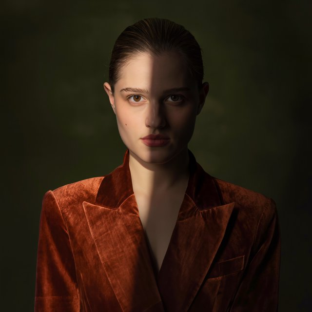 Her guarded gaze catches a solitary beam in a low-key fashion portrait: an adult woman aged 27–35 wears a rust-colored velvet blazer, the rest of her face falling into shadow against a deep olive backdrop. — Kling v3