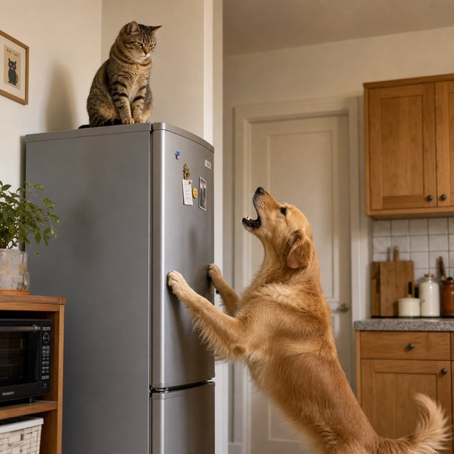A cat sits on the top of a refrigerator calmly looking down at a barking dog. The dog is on his hind legs leaning on the fridge barking at the cat. — GPT Image 2