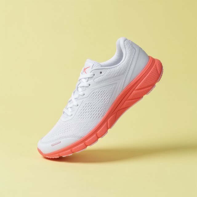 A white running sneaker with a coral sole floating at a slight angle over a pastel yellow background, studio lighting, no shadow on the backdrop. — Kling v3 Omni