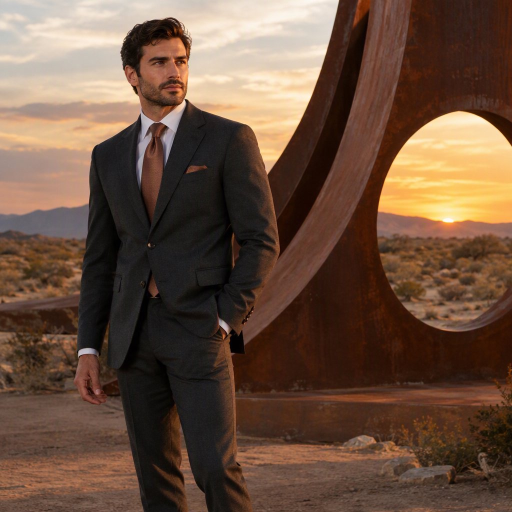 Editorial glamour photograph of an adult man in a charcoal evening suit with a muted copper tie, standing at ease beside a desert art installation, flattering sunset light warming the sculptural landscape, composed expression and refined magazine atmosphere. — GPT Image 2.5 Flare