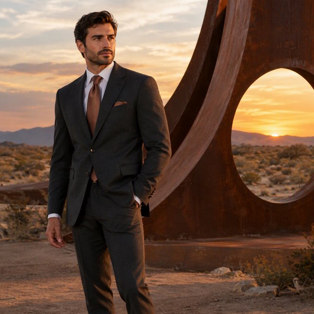Editorial glamour photograph of an adult man in a charcoal evening suit with a muted copper tie, standing at ease beside a desert art installation, flattering sunset light warming the sculptural landscape, composed expression and refined magazine atmosphere. — GPT Image 2.5 Flare