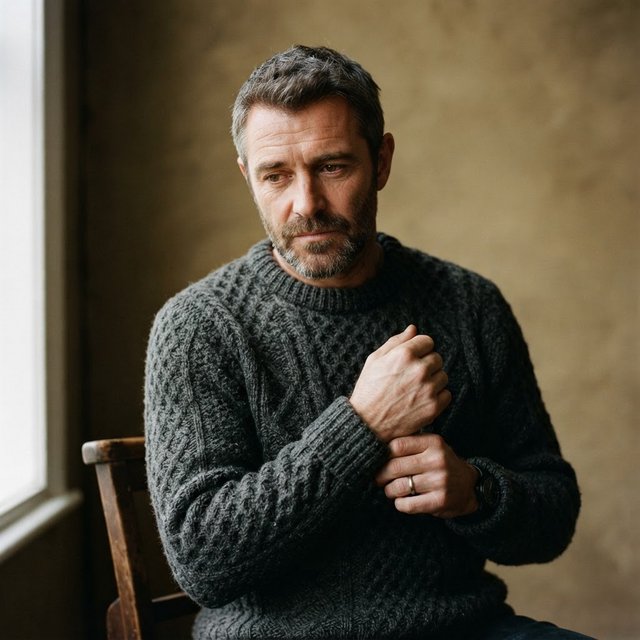 Editorial portrait of an adult man in his early 40s wearing a charcoal wool fisherman’s sweater, one hand loosely holding its ribbed cuff. His thoughtful, slightly tired expression rests against a muted ochre studio backdrop, shaped by gentle directional window light. — Nano Banana 2 Lite