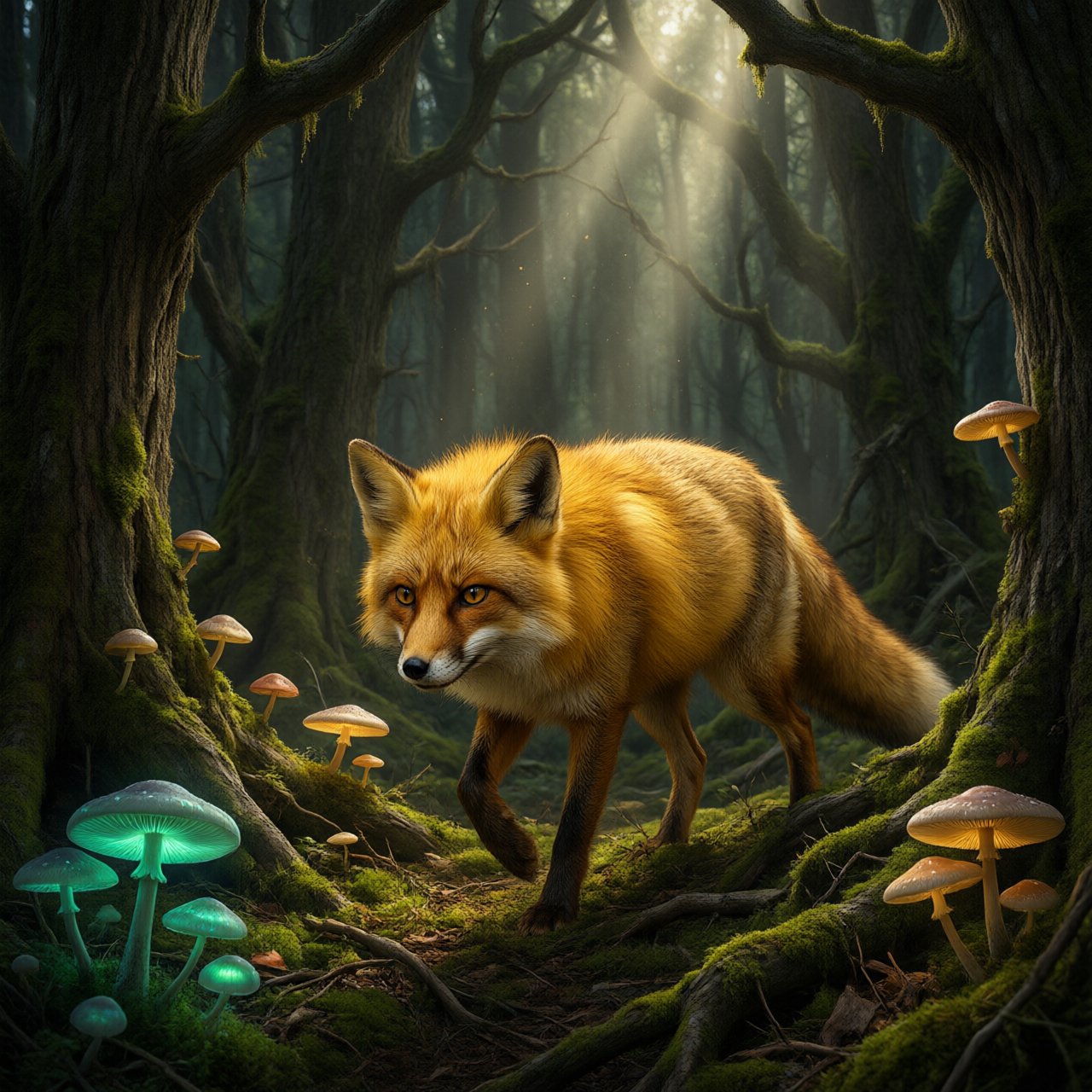 A cunning fox with fur like molten gold cautiously steps through a dense, ancient forest. Shafts of light pierce the canopy, illuminating dust motes dancing in the air. Strange, glowing mushrooms cast an otherworldly light on the moss-covered ground. The style is a blend of dark fantasy illustration and hyperrealism, with a focus on dramatic, cinematic lighting. — Qwen Image 3.0