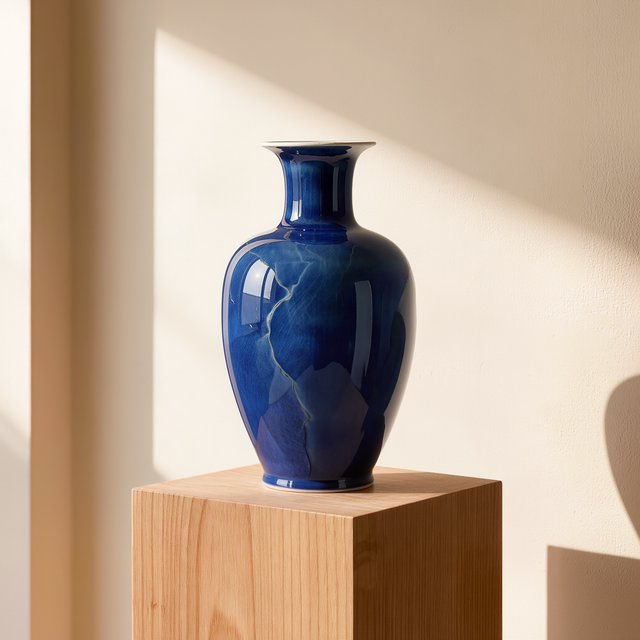 Commercial product photograph of an unbranded sculptural ceramic vase, formed from glossy cobalt porcelain, standing on a pale oak pedestal against a warm ivory background, illuminated by soft directional daylight and subtle fill. — Kling v3