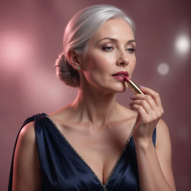 A silver-haired adult woman in a midnight-blue evening gown pauses with lipstick freshly applied, her composed gaze turned slightly aside; diffused rose studio light defines her face and shoulders, with restrained makeup and the polished finish of a fashion magazine. — Model 6