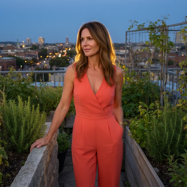Editorial glamour photograph of an adult woman in a tailored coral evening jumpsuit on a rooftop herb garden at blue hour, resting one hand on a stone planter, flattering sunset glow, relaxed expression, city lights softly blurred behind her. — Qwen Image 3.0