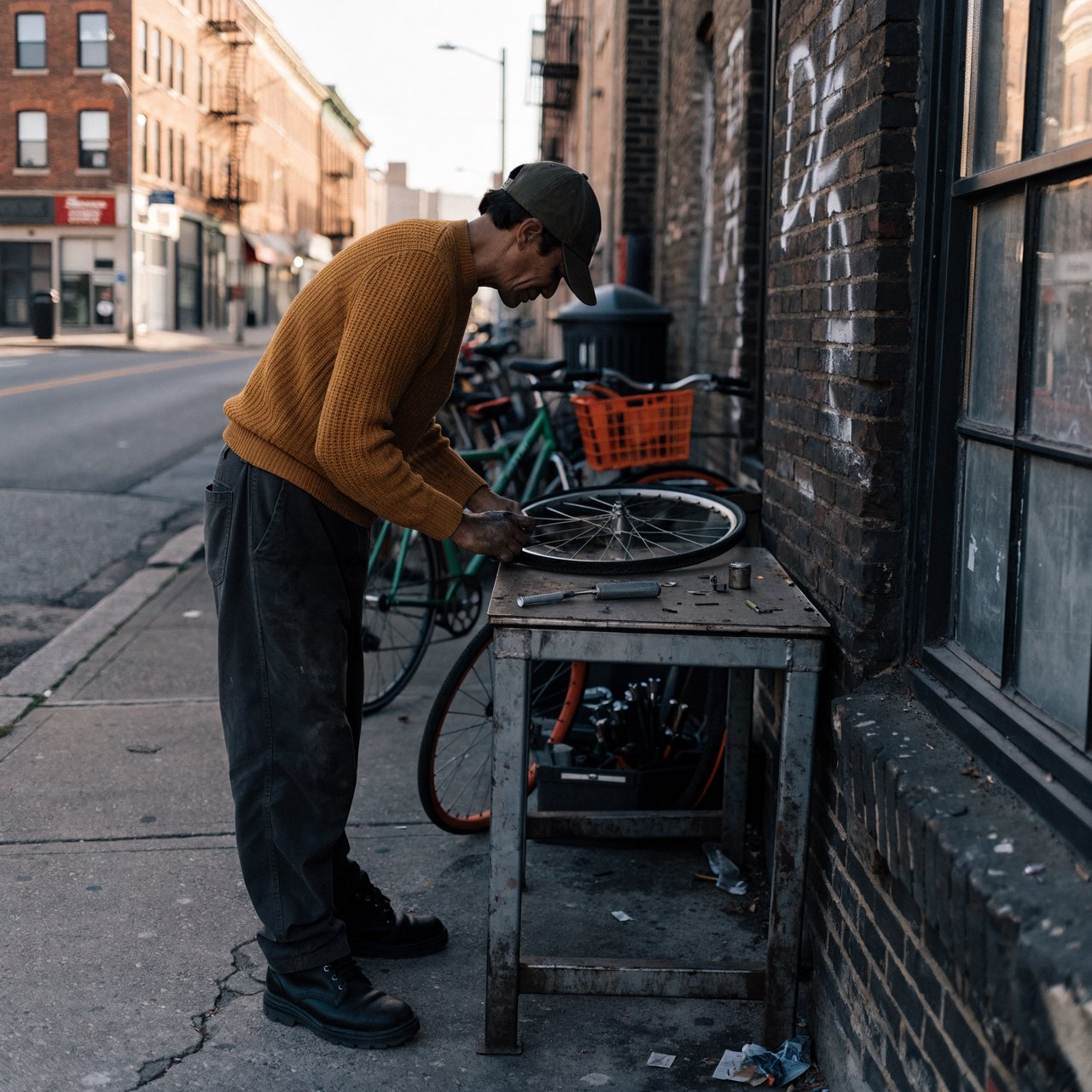 Candid documentary photograph of an adult repairing a bicycle at a quiet curbside workshop, cool morning window light, 50mm lens with shallow depth of field, grease smudges on their fingertips. — Recraft v4 Pro