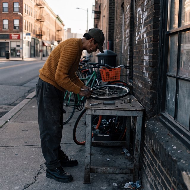 Candid documentary photograph of an adult repairing a bicycle at a quiet curbside workshop, cool morning window light, 50mm lens with shallow depth of field, grease smudges on their fingertips. — Recraft v4 Pro