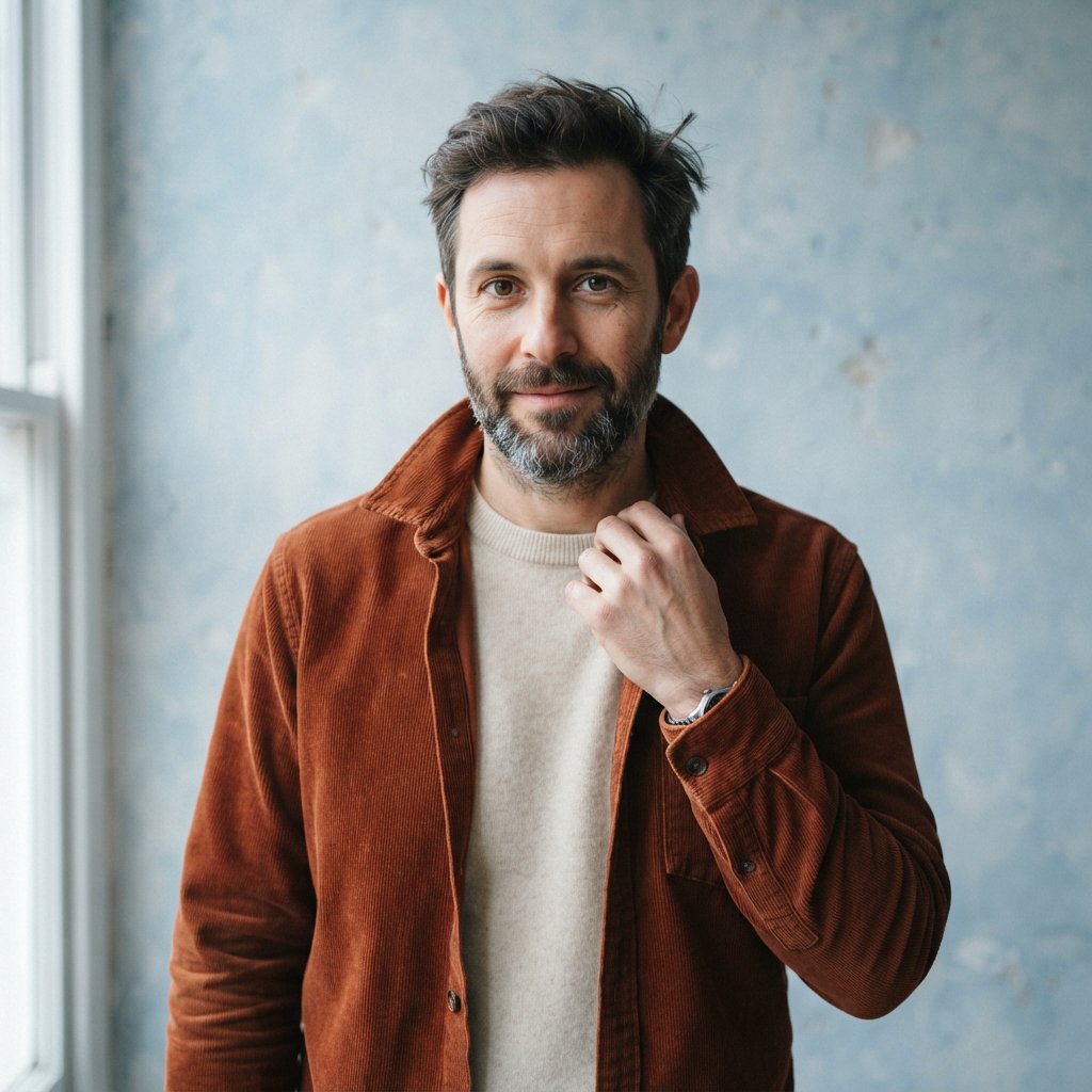 Portrait photograph of an adult man in his late 30s wearing a rust-colored corduroy overshirt over a cream knit, fingertips resting on its broad collar. His quietly curious gaze meets the camera against a pale blue plaster backdrop, softly lit by cool side-window light. — Nano Banana 2 Lite