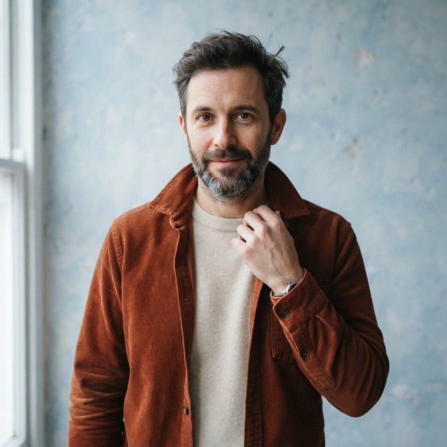 Portrait photograph of an adult man in his late 30s wearing a rust-colored corduroy overshirt over a cream knit, fingertips resting on its broad collar. His quietly curious gaze meets the camera against a pale blue plaster backdrop, softly lit by cool side-window light. — Nano Banana 2 Lite