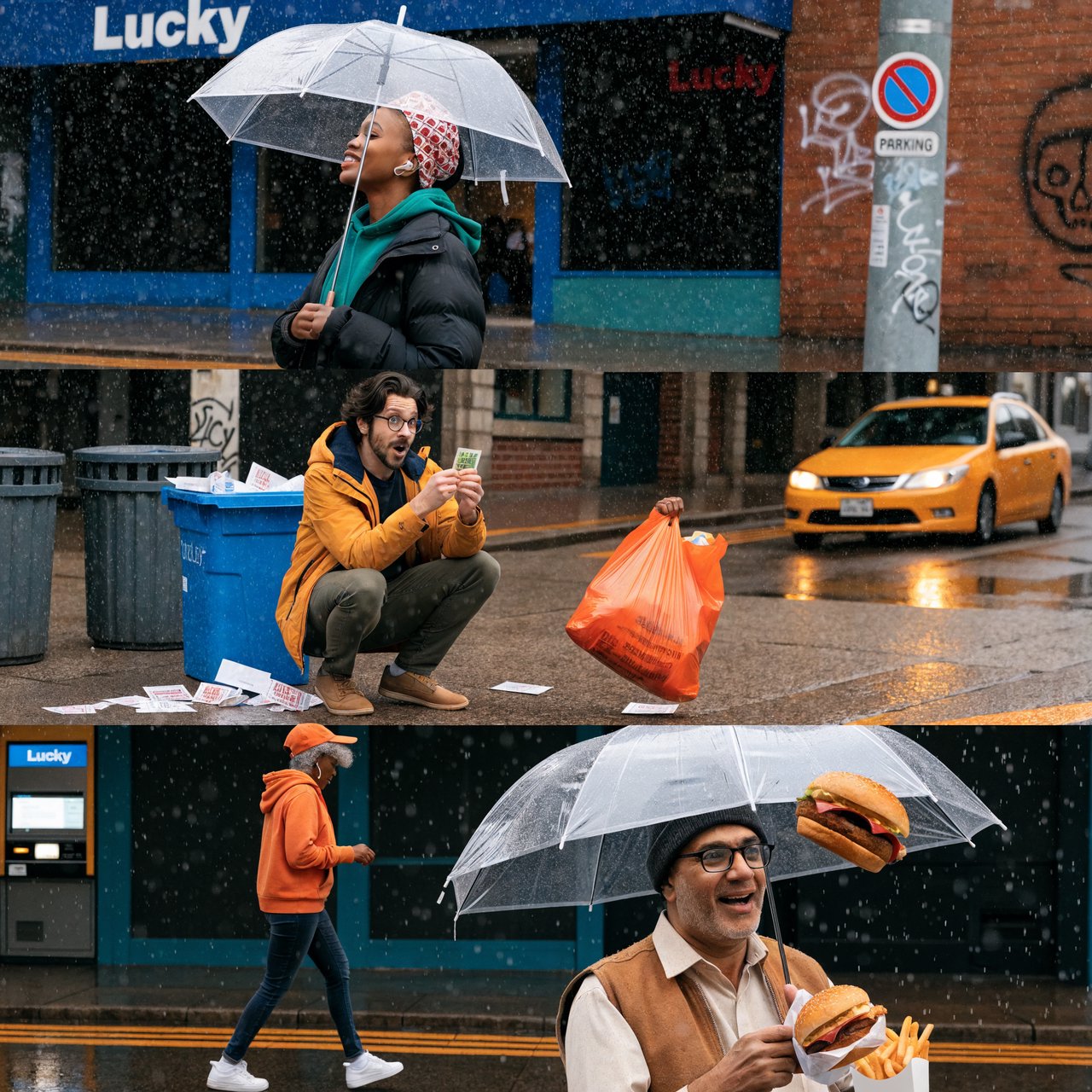 4–6 realistic scenes of people having the luckiest day of their lives. The word “Lucky” should appear at least twice in the image, and seem totally in place and seamless. The whole vibe is pretty much lucky moments that were unexpected but very welcome. — Recraft v4 Pro
