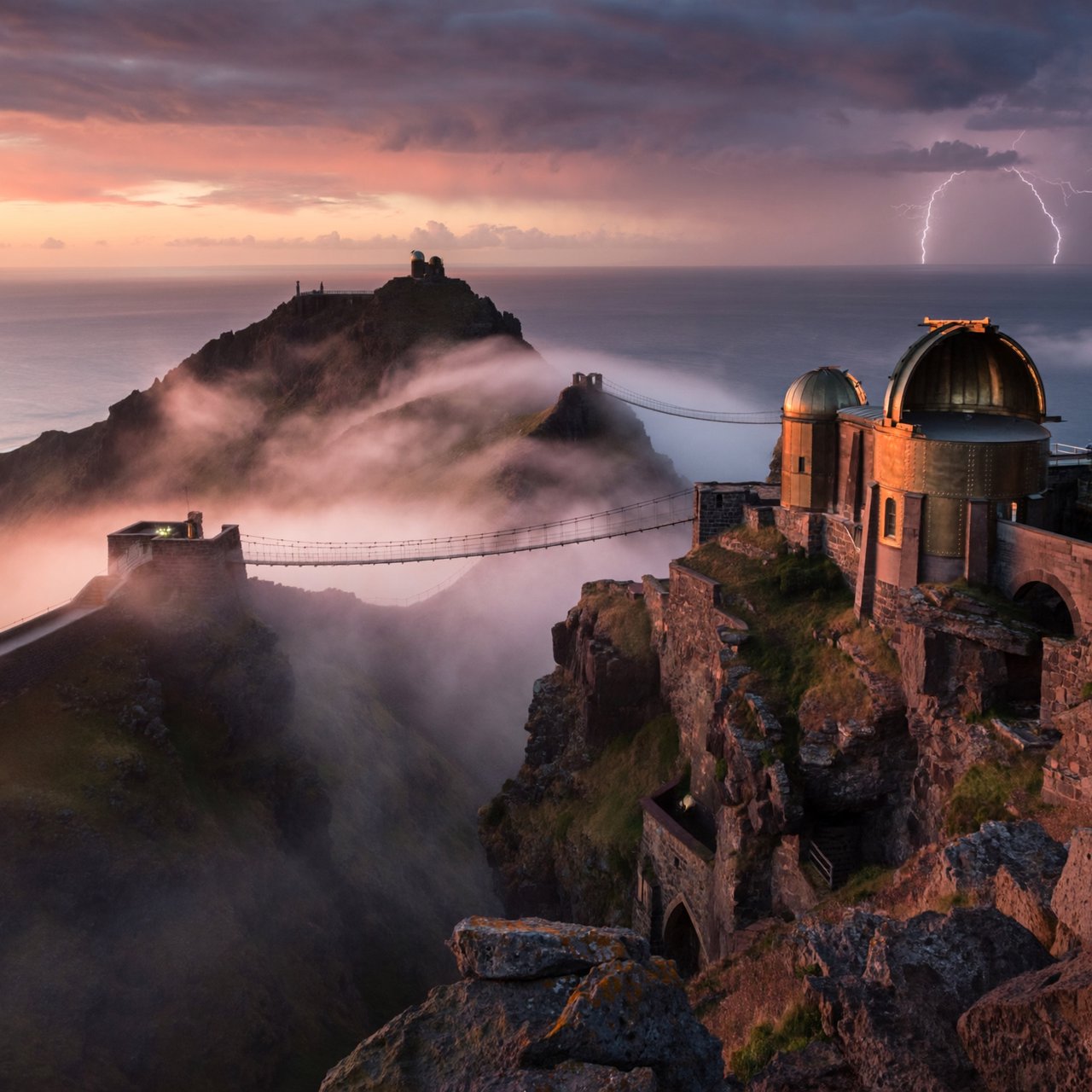 A wind-carved observatory crowns black cliffs above a silver inland sea, its open brass domes catching the last rose light. Salt mist drifts through suspended bridges as distant storms flicker beyond the horizon. — ImagineArt 2