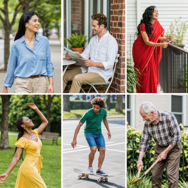 A realistic multi-panel composition with 4–7 panels, each depicting an adult enjoying a wonderful day in a distinct everyday setting. — Kling v3 Omni