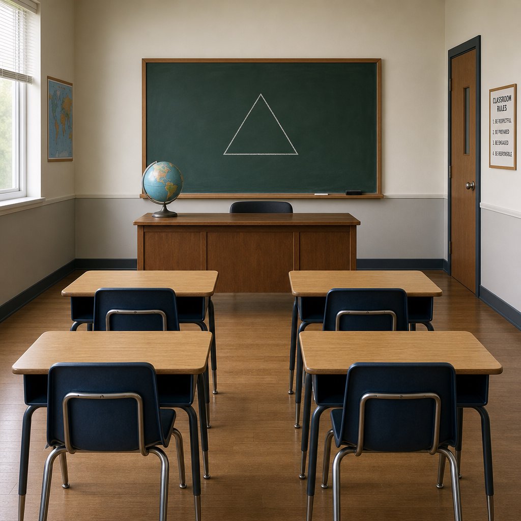 A classroom with exactly four desks in two rows, a globe on the teacher's desk, a chalkboard with a single drawn triangle, empty of people. — GPT Image 2
