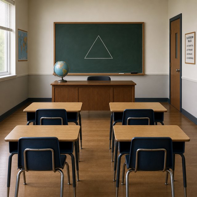A classroom with exactly four desks in two rows, a globe on the teacher's desk, a chalkboard with a single drawn triangle, empty of people. — GPT Image 2