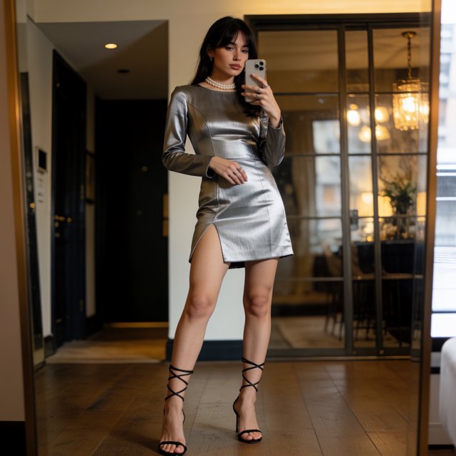 A full-body mirror selfie of a young adult woman with long dark hair, soft bangs, a subtle pearl choker necklace, rings, and exact facial features matching image_4.png. She is taking a photo in a chic, upscale apartment mirror with a stylish interior and warm lighting. She is wearing a fitted, solid-color metallic party mini dress with clean lines, paired with elegant high-heeled strappy sandals that wrap up around her calves. She poses with a confident, poised, and stylish posture, looking directly into her smartphone camera. Natural lighting. — Krea 2 Medium