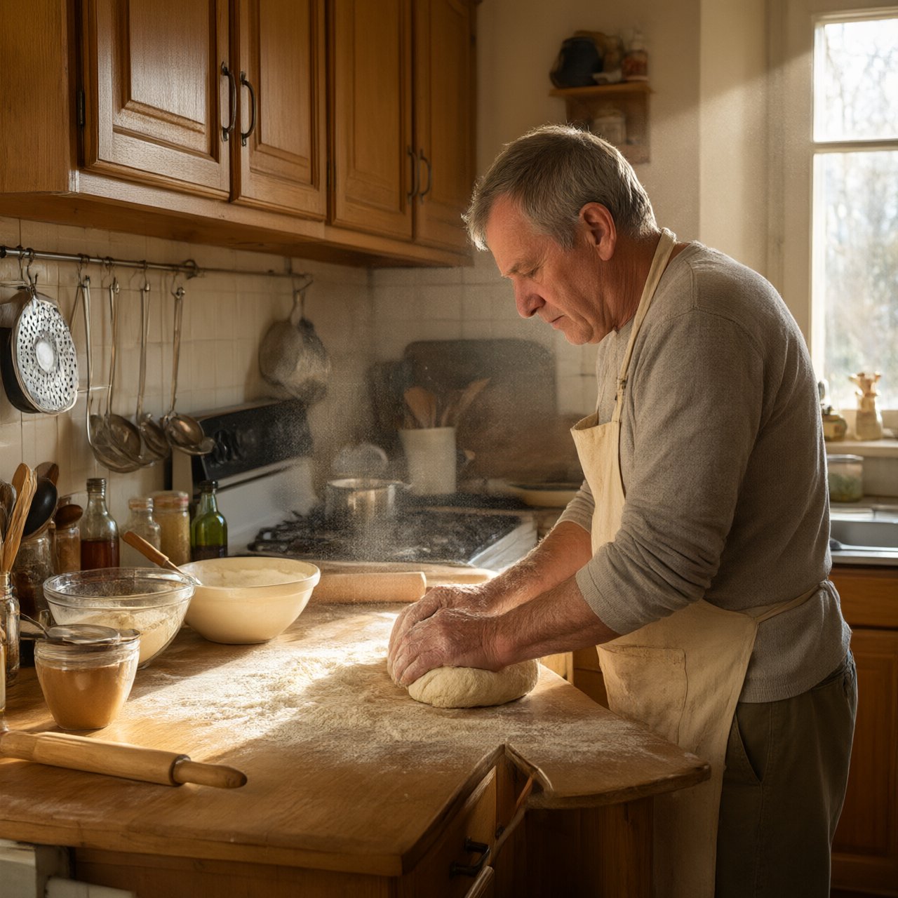 Documentary photo of a home kitchen mid-morning, flour dust in a shaft of window light, an older man kneading dough, natural light only. — Qwen Image 3.0