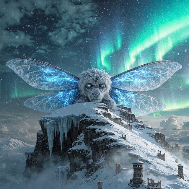 A colossal moon-moth leviathan rests atop a snowbound mountain ridge, its translucent wings veined with blue fire and its fur silvered by frost. Tiny abandoned watchtowers below emphasize its immense scale beneath an aurora-filled sky. — Recraft v4 Pro